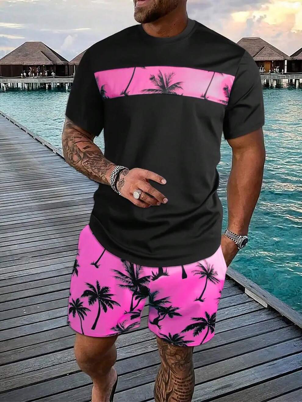 Men's Tropical Plants Printed Round Neck Short Sleeve T-Shirt And Shorts Set