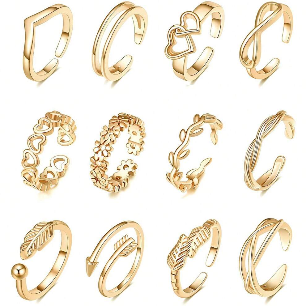 12pcs Adjustable Gold-Tone Toe Rings Set With Flower, Arrow, Feather, Heart, Geometric, Line Designs For Women, Teen Girls