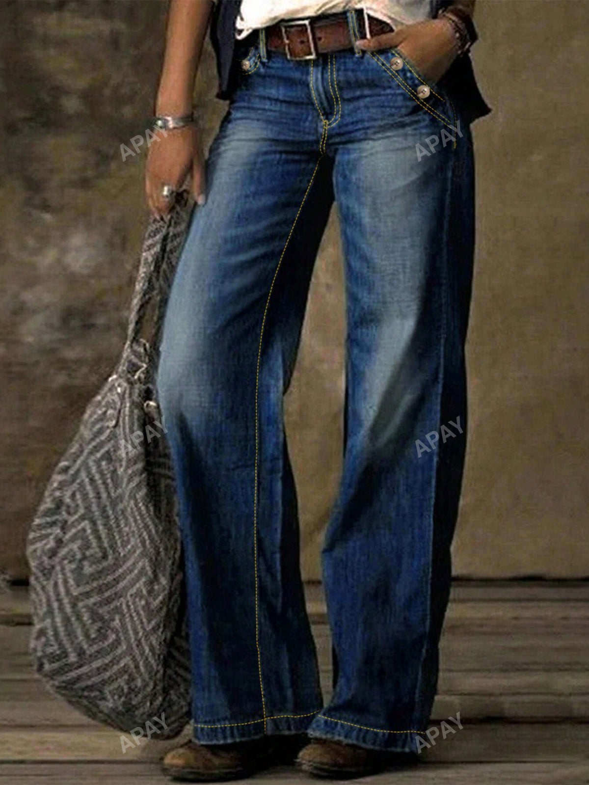 Women'S Straight Leg Washed Denim Jeans Without Belt