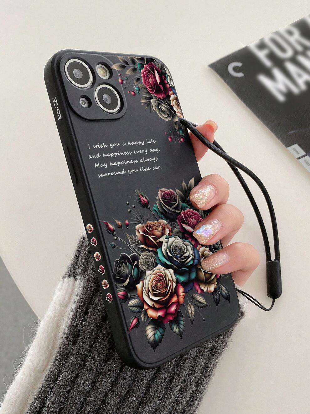 1pc Tpu Floral Pattern Mobile Phone Protective Case With Side Print And Strap, Compatible With Apple, Samsung, Xiaomi Redmi Series