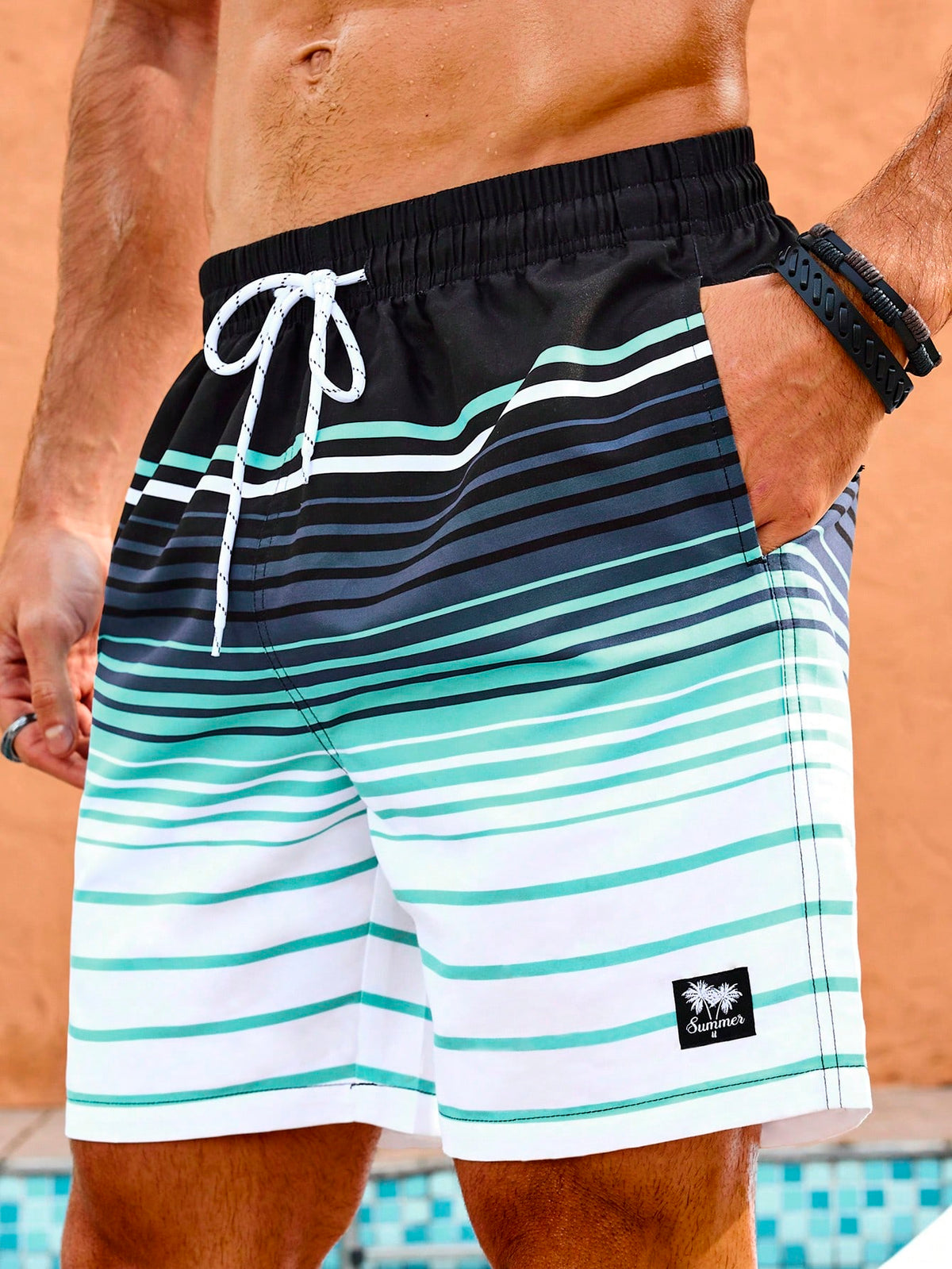 Manfinity Swimmode Men Striped Contrast Color Drawstring Waist Beach Shorts With Slanted Pockets