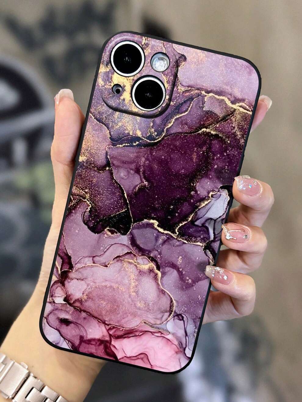 1pc Hand-Painted Purple Pink Marble Pattern Printed Phone Case Compatible With Iphone/Samsung Phones