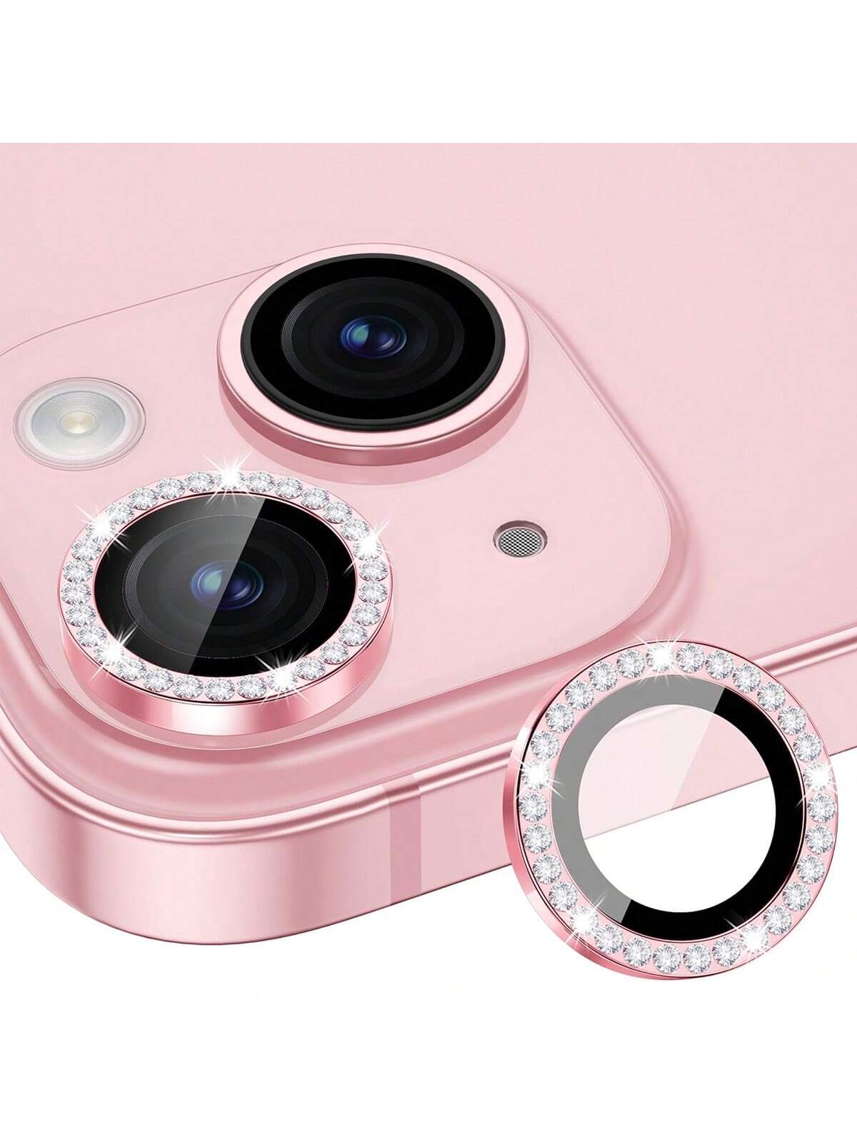 3 Camera Lens Protectors Compatible With IPhone 15/15 Plus Shiny, Single Metal Diamond Ring 9H Hardness Scratch-Proof Protective Film, Fashion Accessory, Case Friendly (Pink Diamond) + 1 All-In-One Ap