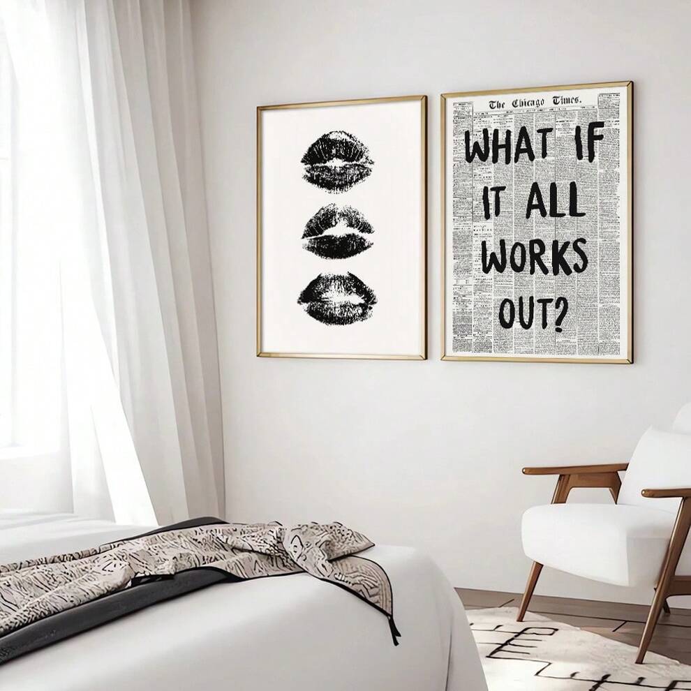 Set Of 2 Black White Kiss Lips Preppy Art Canvas Poster Aesthetic What If It All Works Out Retro Newspaper Fashion Painting Print Wall Picture For Girl Room,Bedroom,Dorm,Home Decoration,Frameless