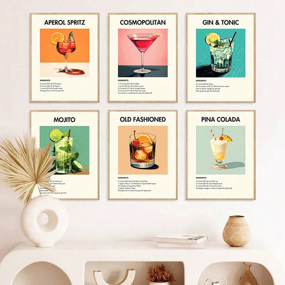 Set Of 6 Cocktail Bar Cart Art Kitchen Poster Wine Drink Retro Painting Canvas Print Minimalist Wall Picture For Dinging Room,Restaurant,Modern Home Decoration,No Frame