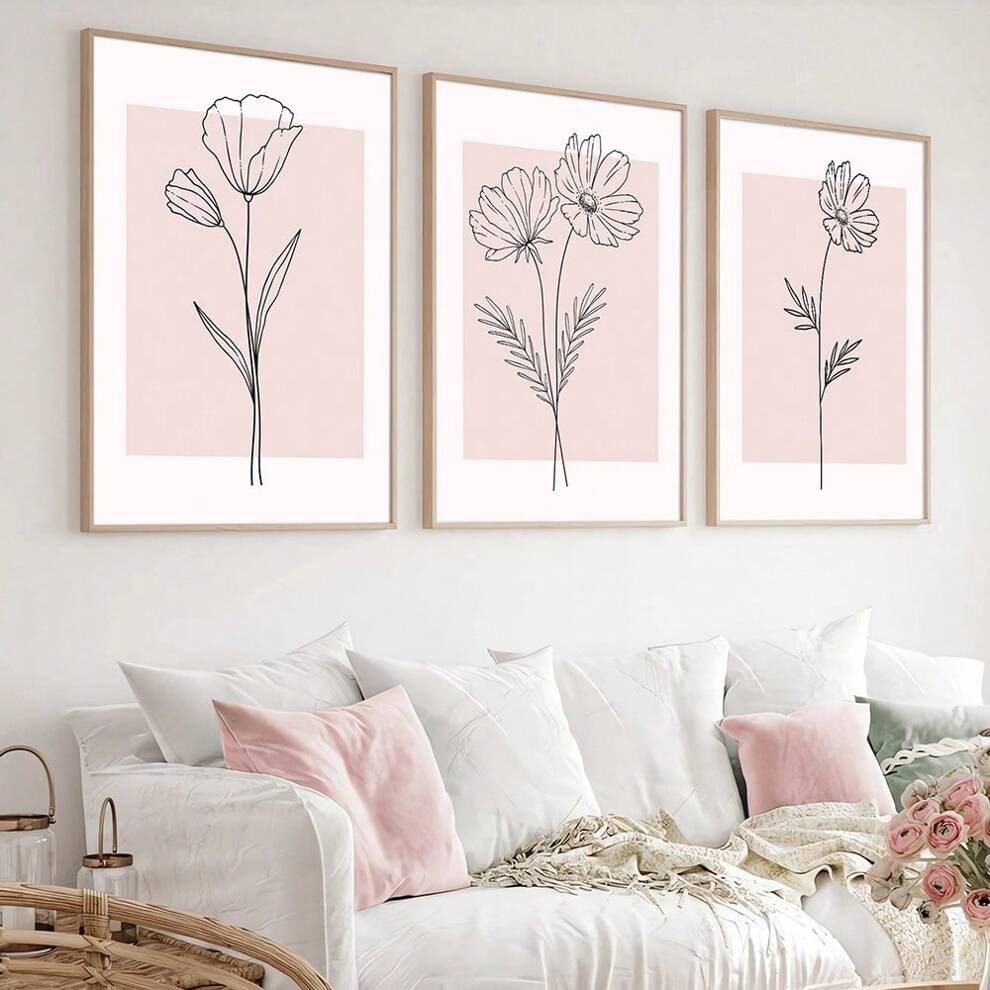 Set Of 3 Unframed Pink Botanical Flower Trendy Art Poster Minimalist Plant Floral Canvas Painting Print Wall Picture For Living Room,Bedroom,Office,Home Decoration,Gift