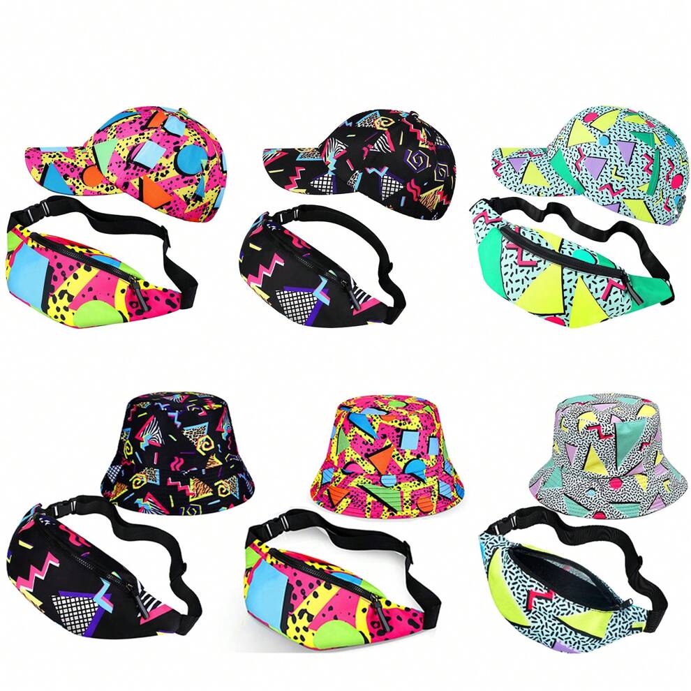 2 Pcs 80s 90s Fanny Pack For Women Men 90s Adjustable Waist Bag Retro Casual Outfit Baseball/Bucket Hats 80s 90s For Summer Travel Party