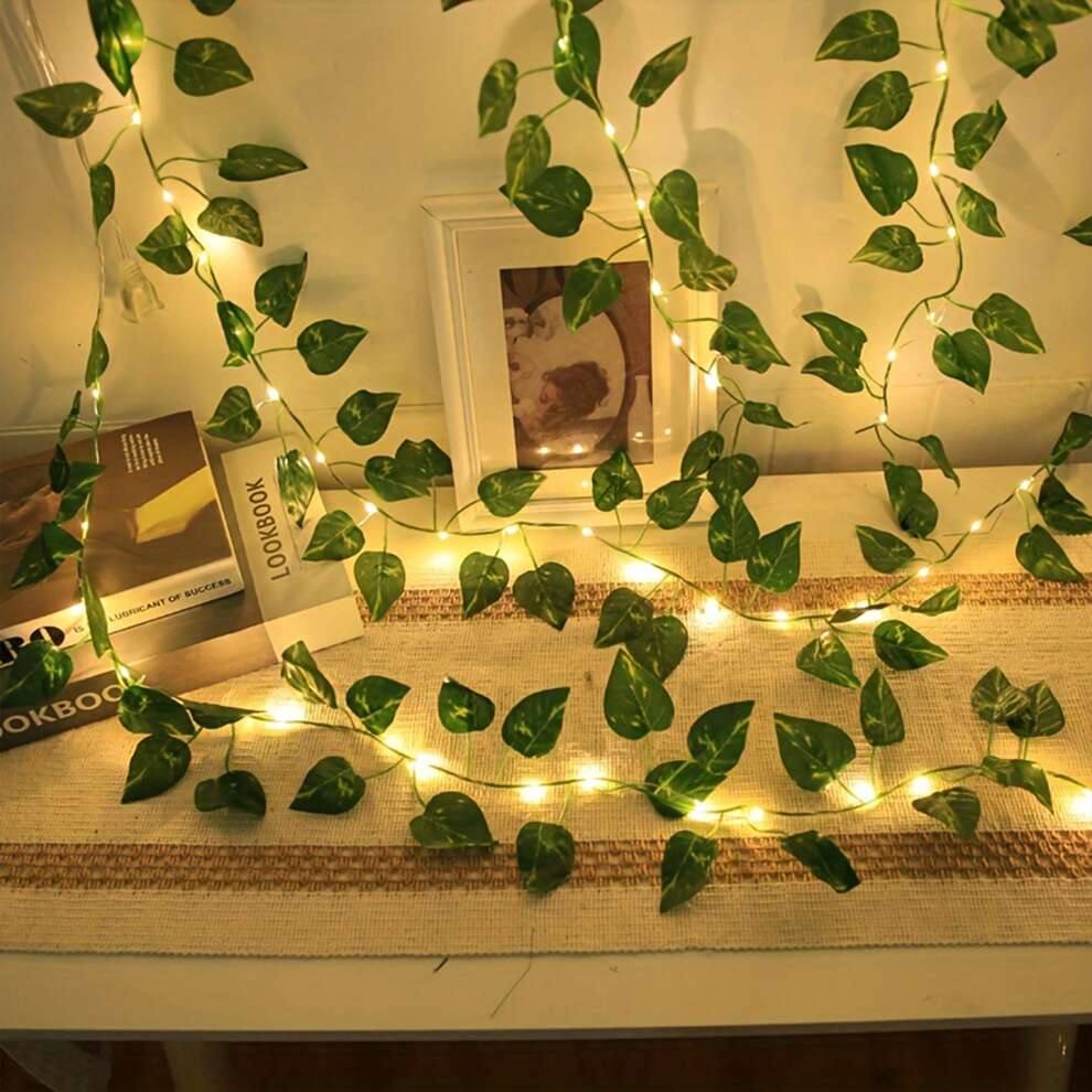 1pc Green Artificial Ivy Leaf Vine With Copper Wire Led String Light, Battery Operated, For Room, Bedroom, Yard Decoration, Festive Atmosphere In Spring