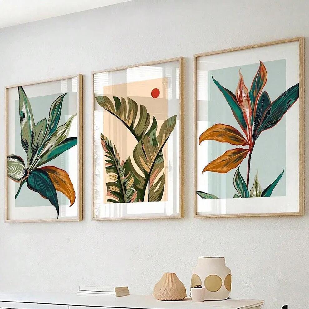 Set Of 3 Frameless Colorful Tropical Botanical Canvas Poster Print Floral Leaves Wall Painting Picture For Bedroom,Living Room,Office,Modern Home Decoration,Gift