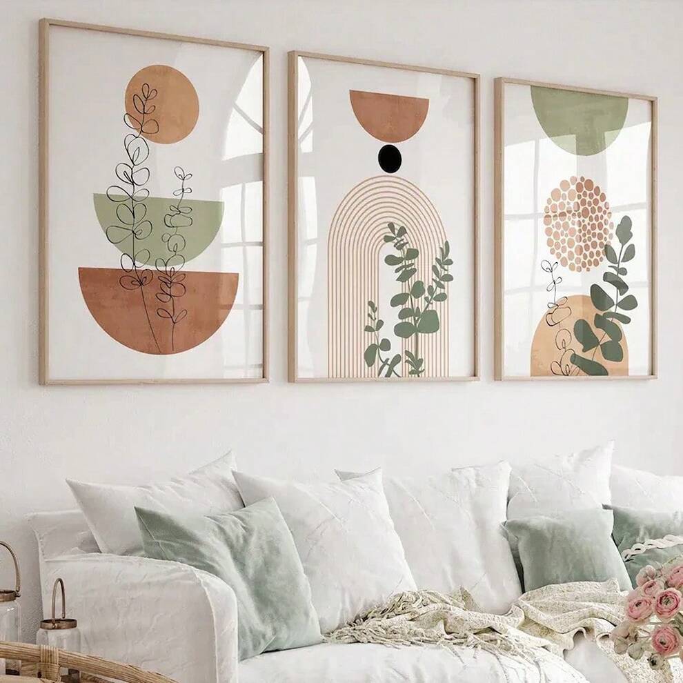 3pcs Set Modern Boho Abstract Shape Plant Poster Print Mid Century Bohemian Style Geometry Botanical Art Painting Wall Picture For Living Room,Bedroom,Dinging Room,Home Decoration,Gift