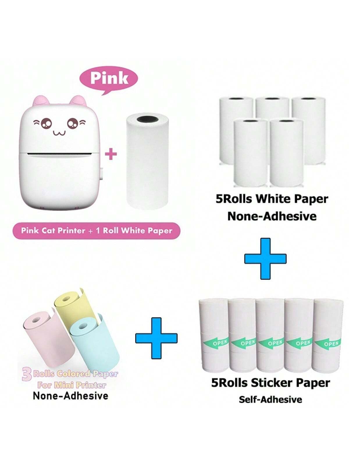 Mini Photo Pocket Printer With 5Rolls Thermal Paper(2Rolls Transparent Self-Adhesive Sticker And 3Rolls Edge No-Sticky Photo Paper) And 1Rolls Paper Inside The Printer ,Portable Ink-Free Thermal 57mm