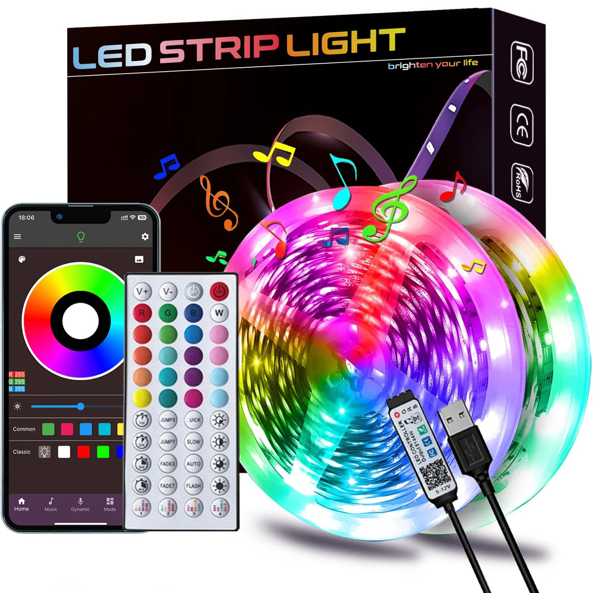 16ft-100ft Led Strip Lights,Change Color In Sync With Music,With 44key Remote And App Control,With Timing Setting,Adjustable Brightness, Switch Modes At Any Time,Cuttable,For Bedroom,Living Room,Stair