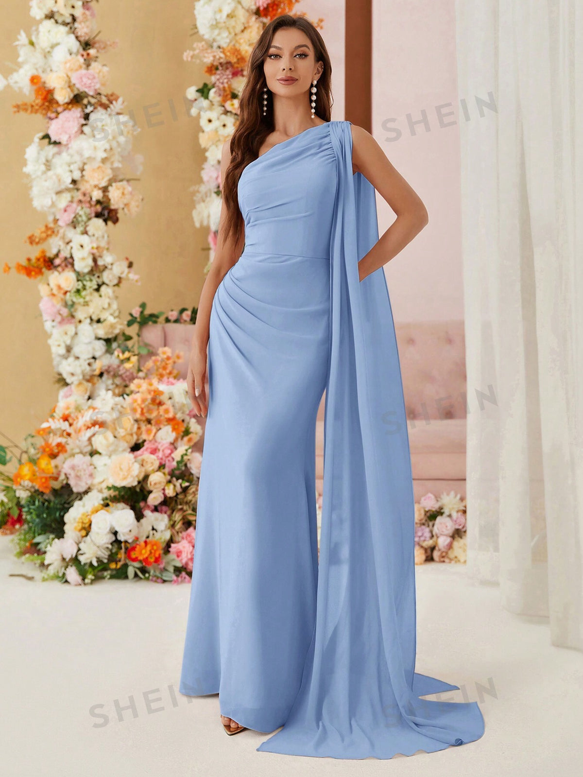 SHEIN Belle One Shoulder Draped Chiffon Bridesmaid Dress With Sash Floor Length