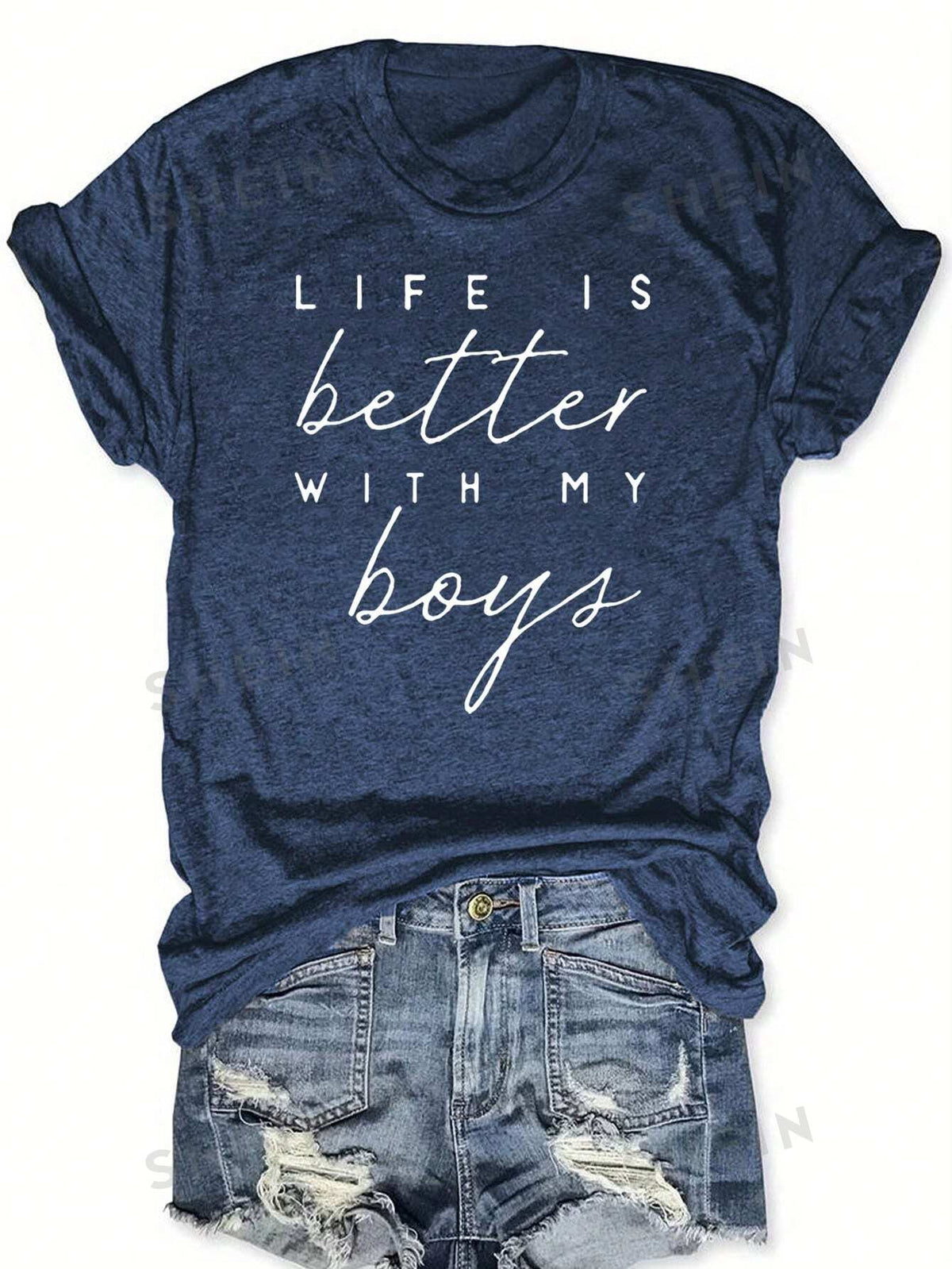 SHEIN LUNE Women's Casual Slogan Printed Round Neck Short Sleeve T-Shirt LIFE IS Better WITH MY Boys