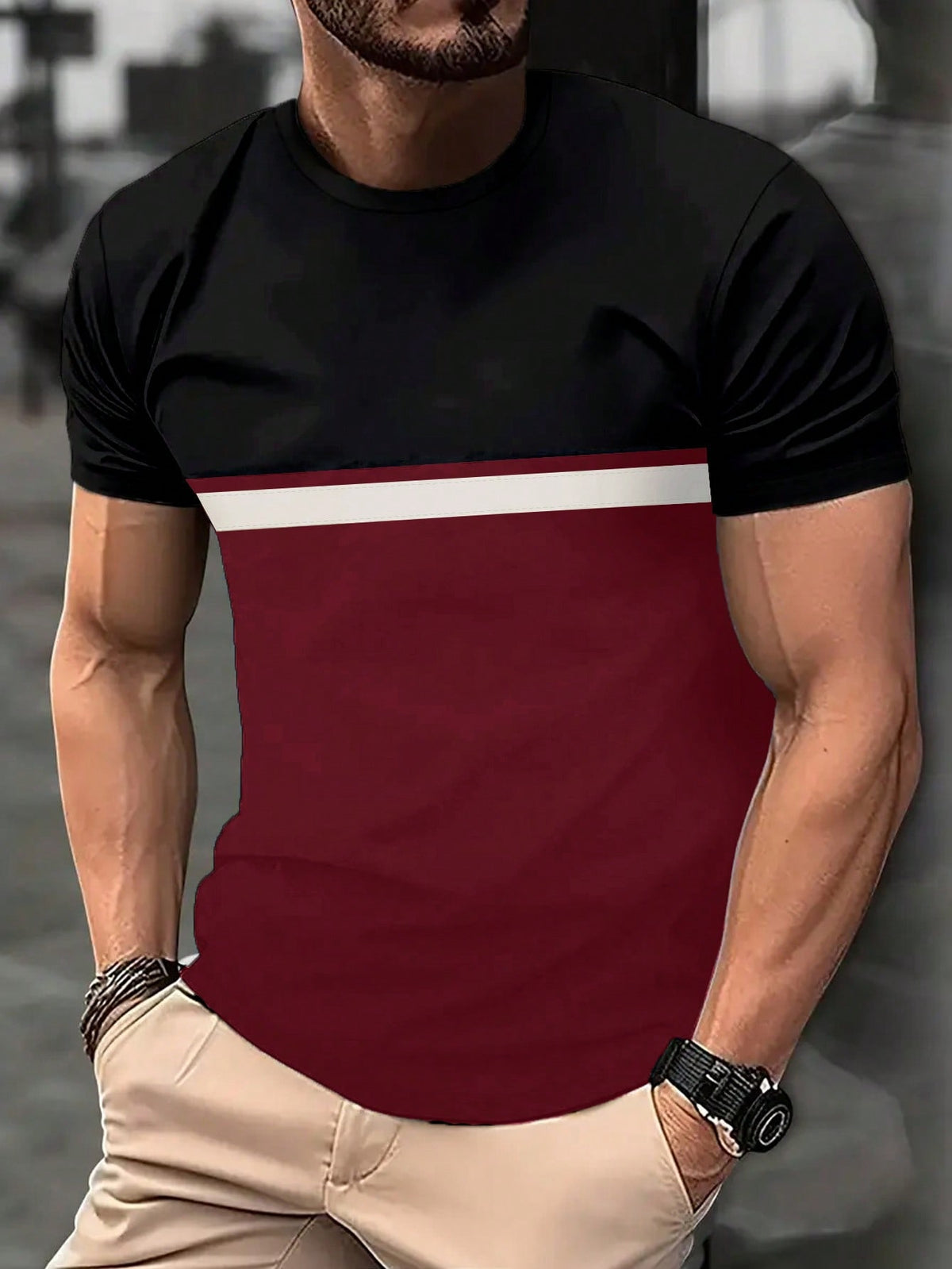 Men's Summer Contrast Color Round Neck Short Sleeve Casual T-Shirt