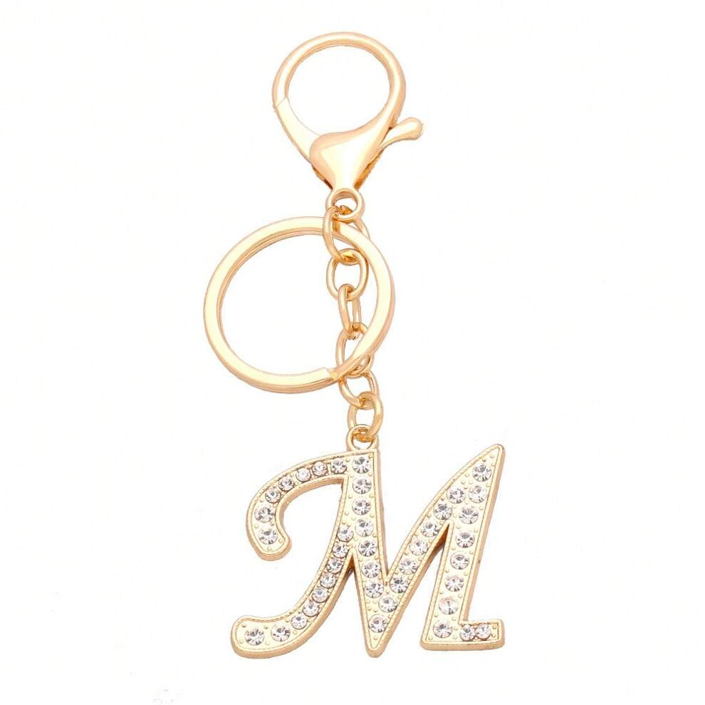 1pc Gold Plated & Rhinestone Decor Alphabet Keychain For Daily Wear Unisex Keyrings