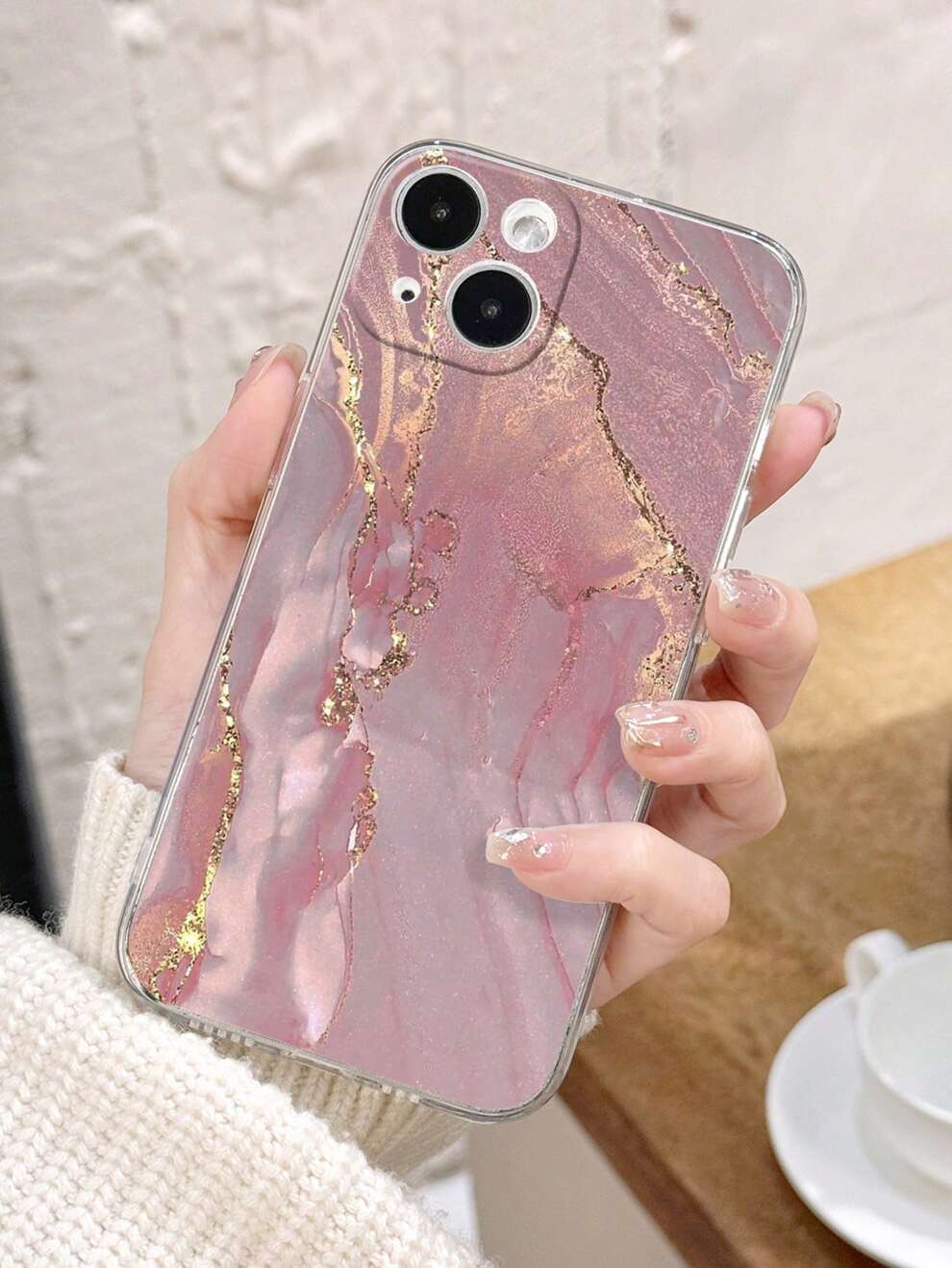 Pink 1pc Colorful Marble Printed Phone Case Compatible With Iphone/Samsung