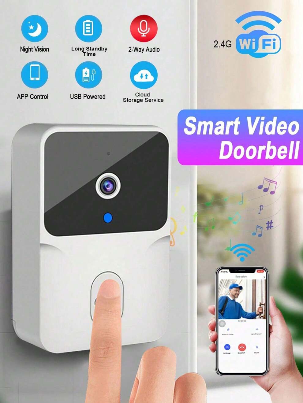 2024 Upgrade-WiFi Video Doorbell Wireless HD Camera PIR Motion Detection IR Alarm Security Smart Home Door Bell WiFi Intercom For Home