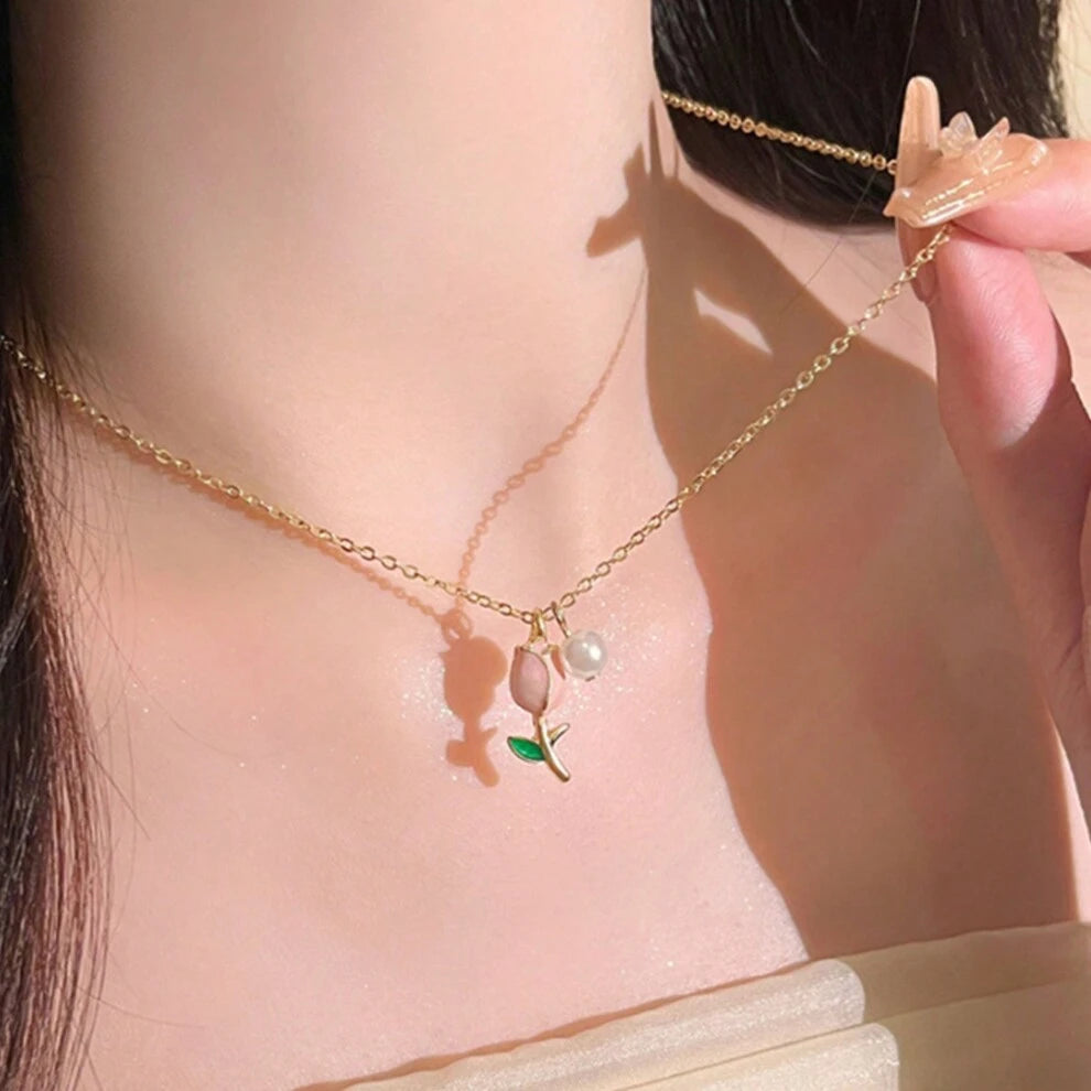 1pc Tulip Faux Pearl Necklace Female Summer Senior Design Sense Small Niche Bead Pendant Light Luxury Clavicle Chain Elegant Socialite