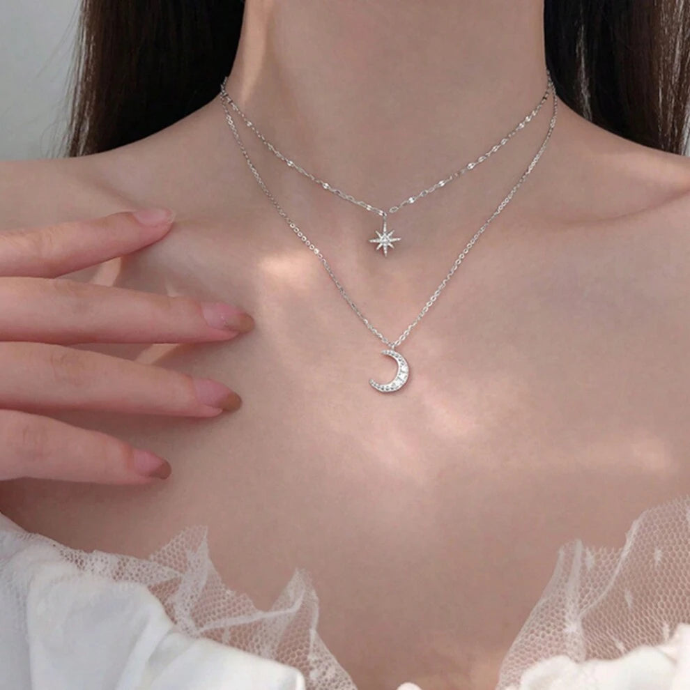 1pc Design Sense Light Luxury New Silver Flash Diamond Star Moon Double Necklace Small Female Collarbone Chain