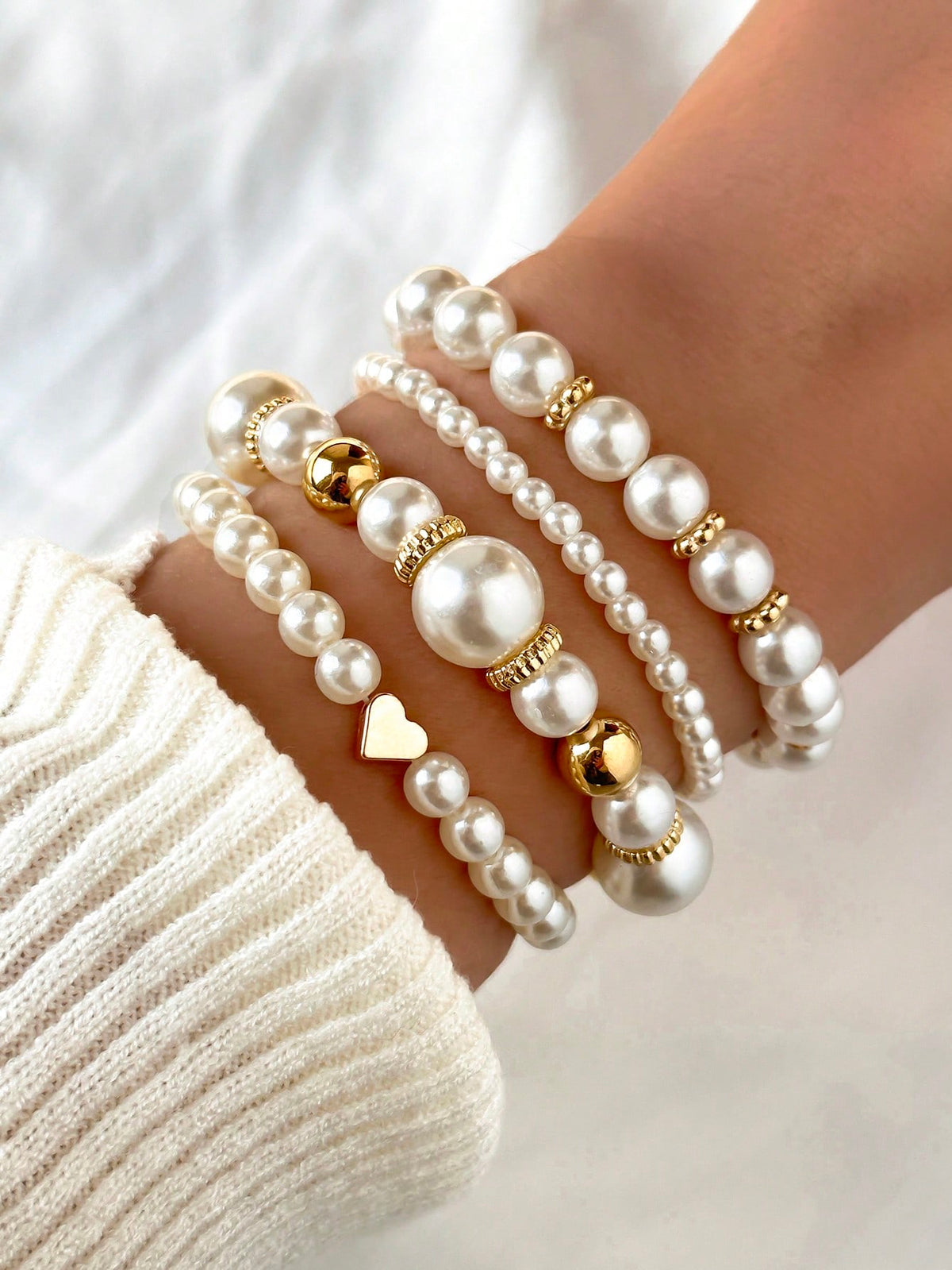 4pcs Fashion Heart Shaped Beaded & Faux Pearl Bracelet Set