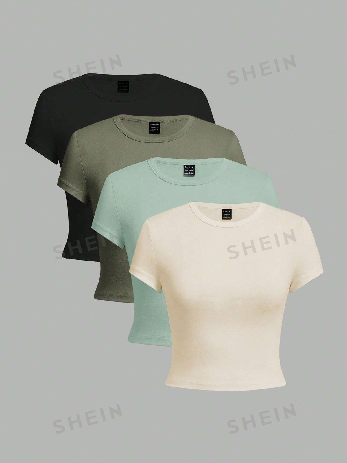 SHEIN EZwear 4pcs Set Of Simple Pattern Round Neck Short Sleeve Women's Cropped Tight T-Shirt, Casual