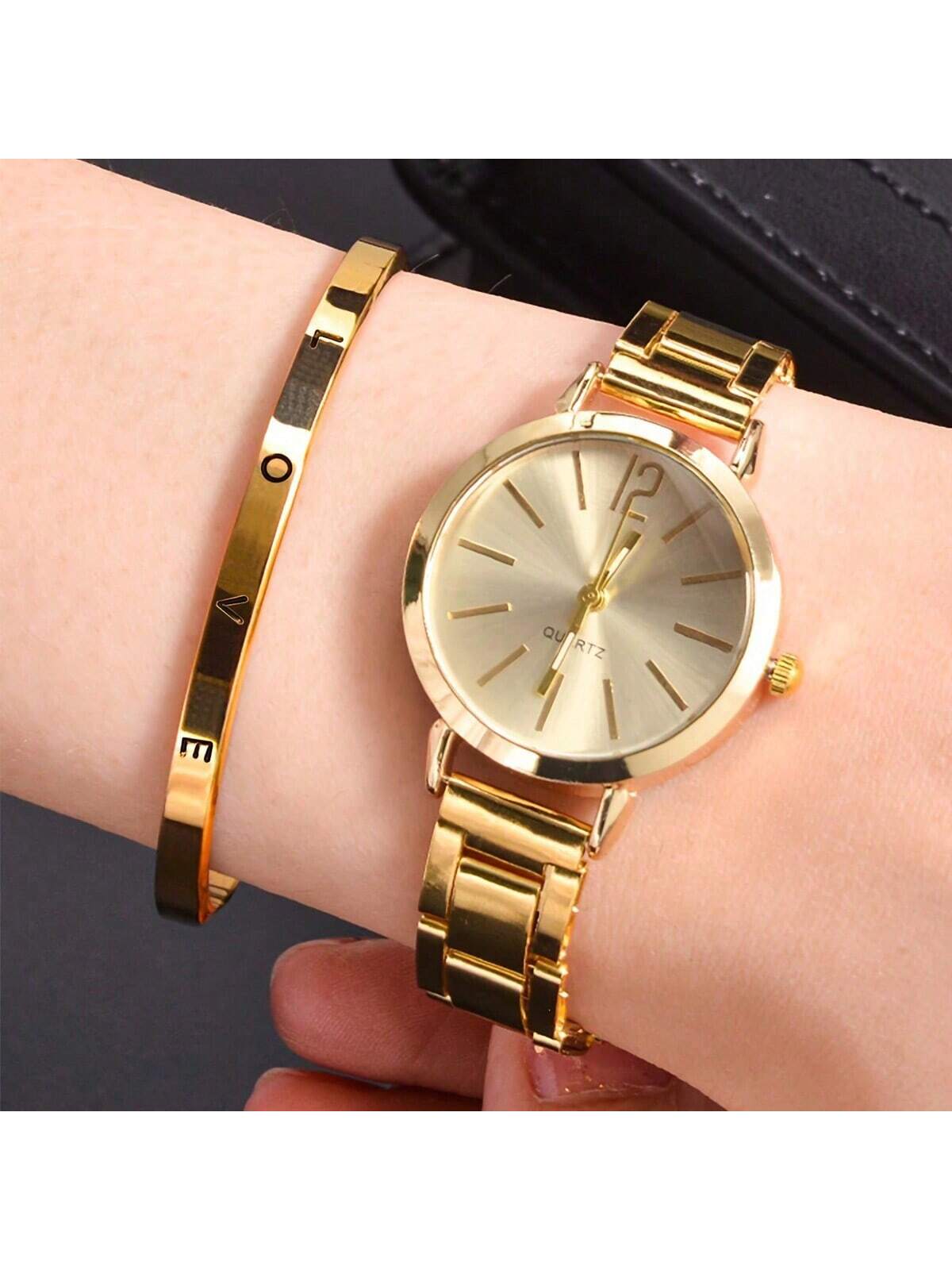 2pcs Trendy Alloy Ladies' Quartz Watch With Steel Band And Love Bracelet Set