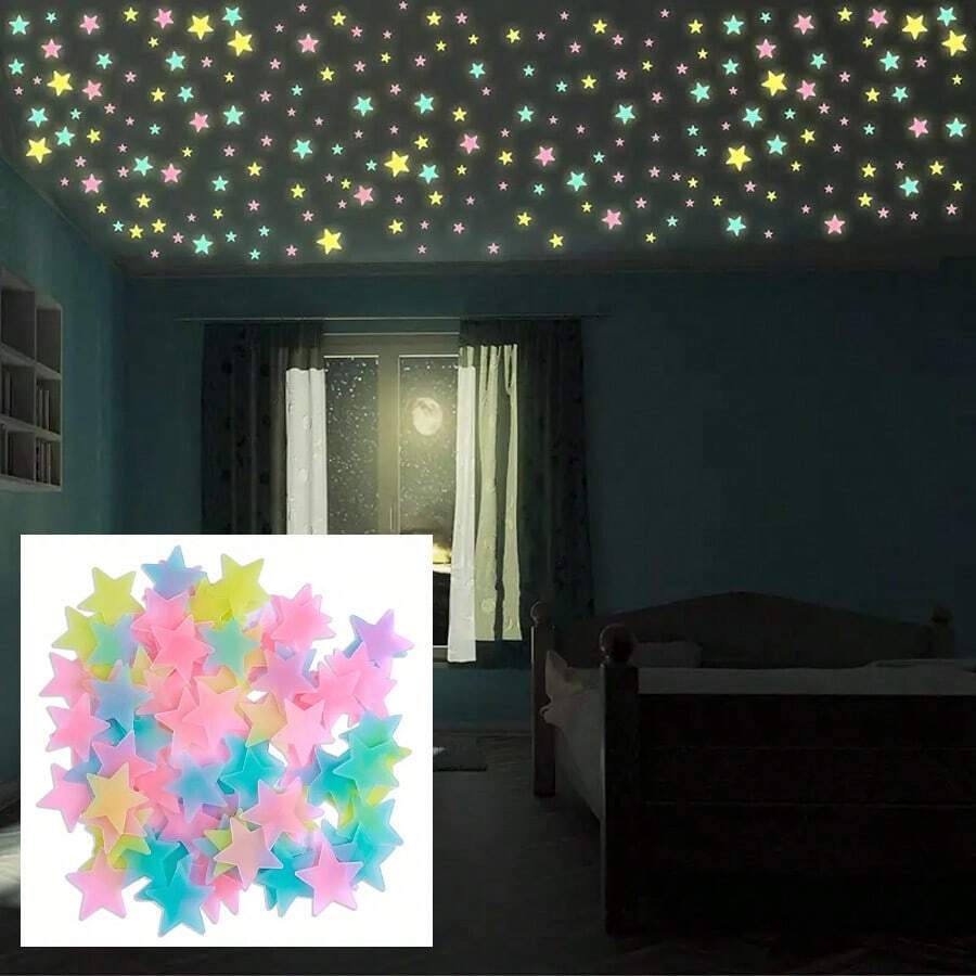 100pcs Glow In The Dark Stars, Fluorescent Wall & Ceiling Star Stickers(Random Color), Make Bedrooms Twinkle Like The Night Sky, Bedroom Decorations, Home Decor