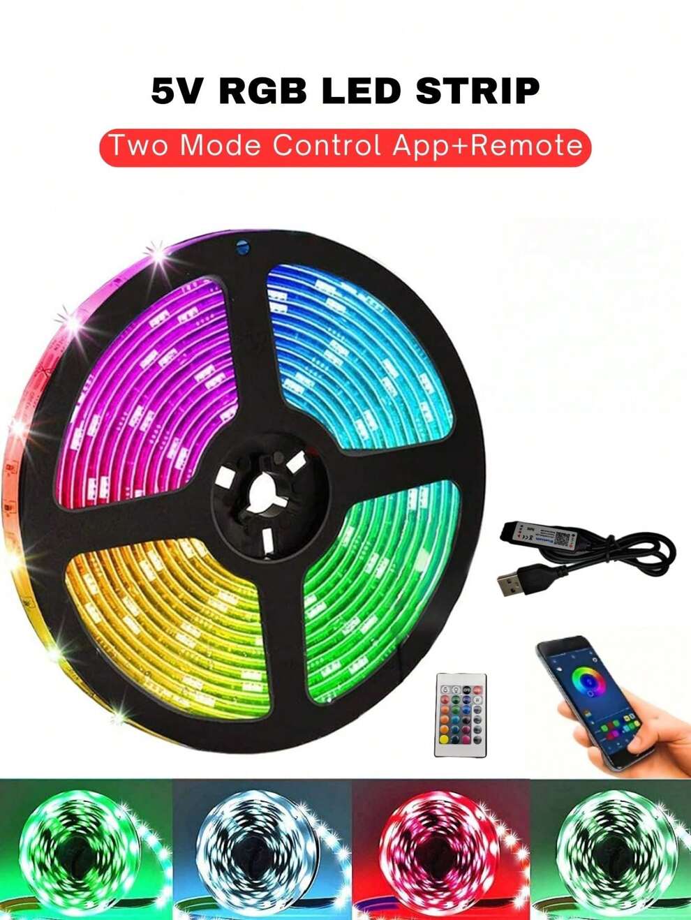 1pc 3.3FT/10FT/50FT (1m/3m/15m) Smart RGB LED Strip Lights, USB 5V Powered 2-Mode Control, 24-Key Remote Control + App Control, Light Color And Brightness Adjustable, Bendable And Cuttable, Easy To In