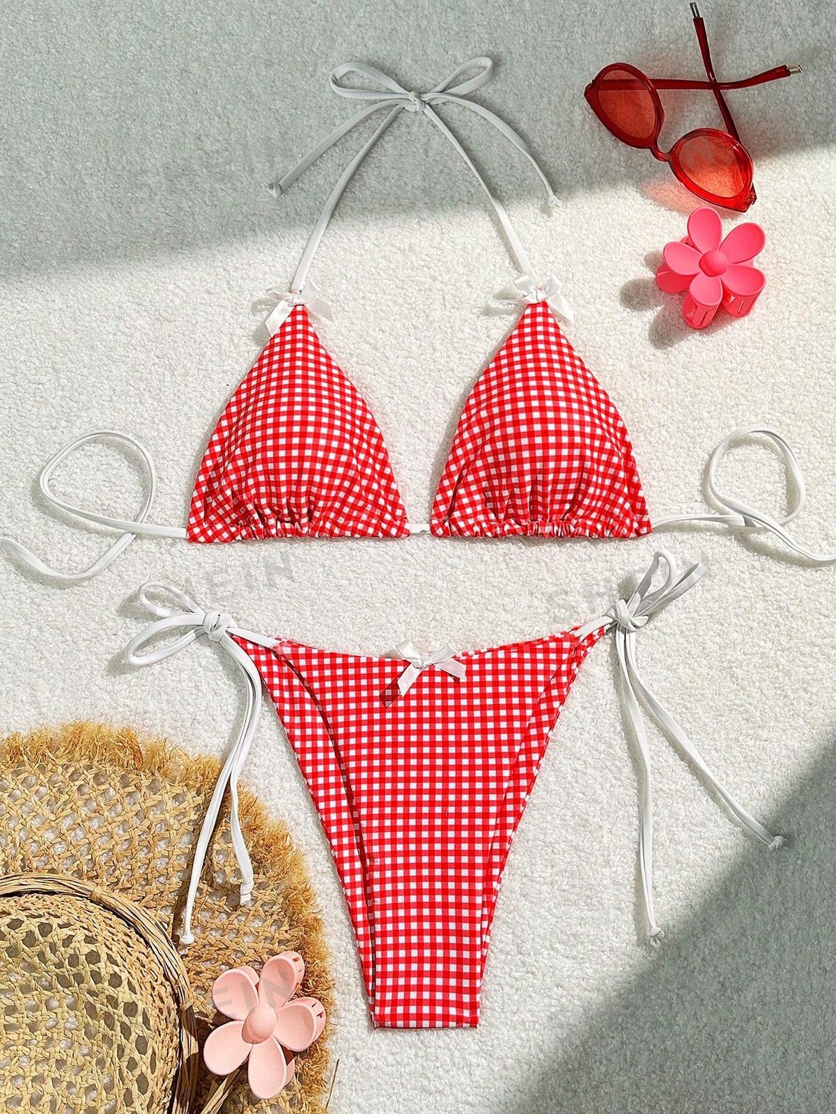 SHEIN Swim Mod Summer Beach Checkered V-Neck Halter Bikini Set