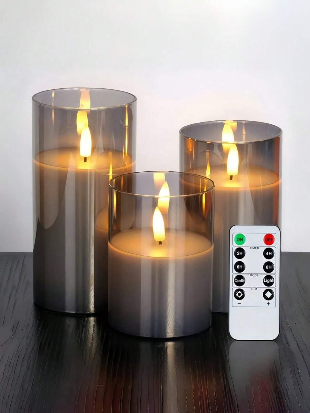 Set Of 3 LED Flameless Wax Candles, Flickering Realistic 3D Flame Decorative Pillar Candles, Battery Operated (Gray)