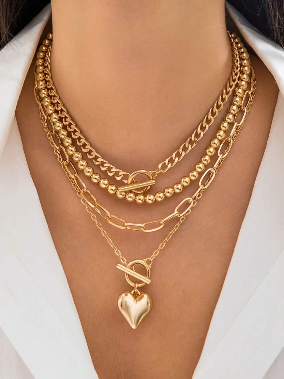 4pcs Vintage Necklaces, Heart Pendant Necklace Zinc Alloy Neck Chain, Simple OT Clavicle Necklace For Women