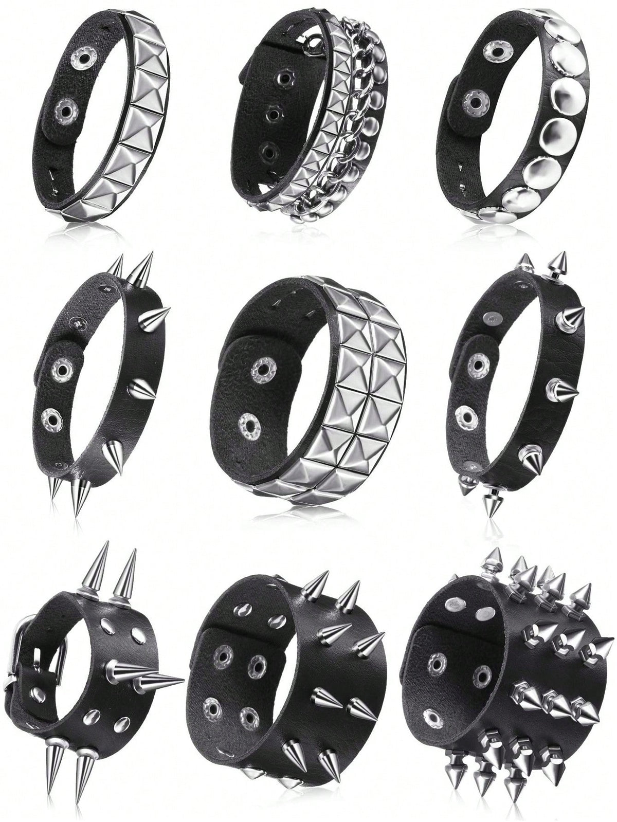 Xiacheng 9 Pieces Spiked Studded Bracelet Black Leather Rivet Punk Bracelet Cuff Wrap Bangle Snap Button Metal Wristband For Men Women