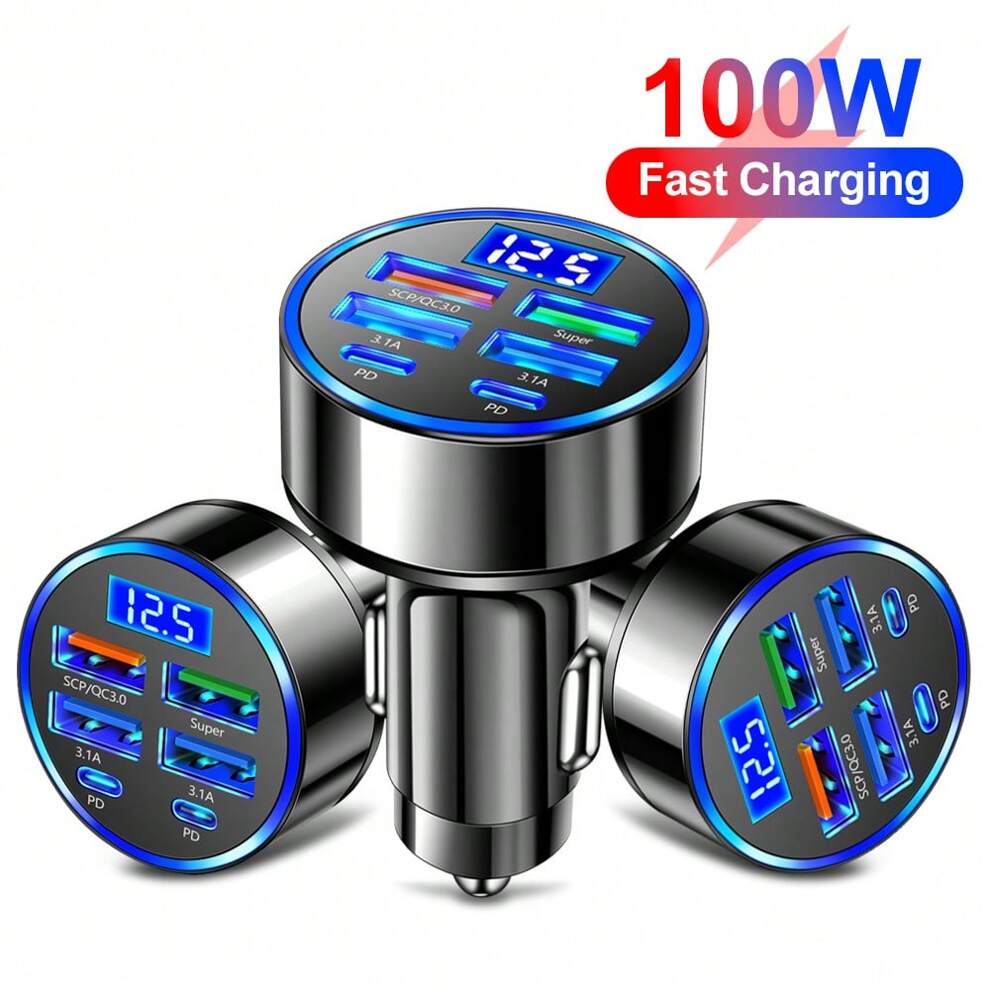 1pc Digital Display Voltage100W 6 Ports Car Charger Fast Charging PD QC3.0 USB C Car Phone Charger Type C Adapter In Car Compatible With IPhone Samsung Huawei Xiaomi