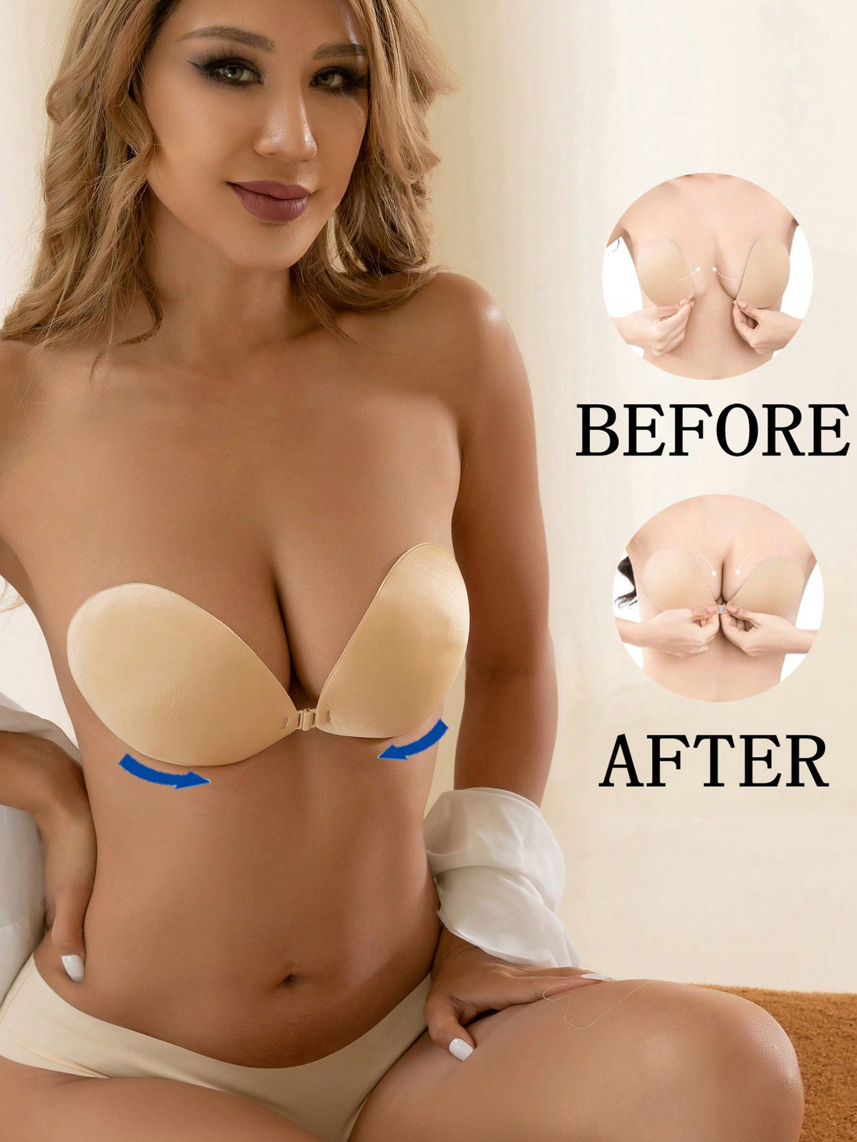 Push-Up Adhesive Bra With Front Closure, Breathable Round Cup, Strapless, Seamless For Wedding Dress