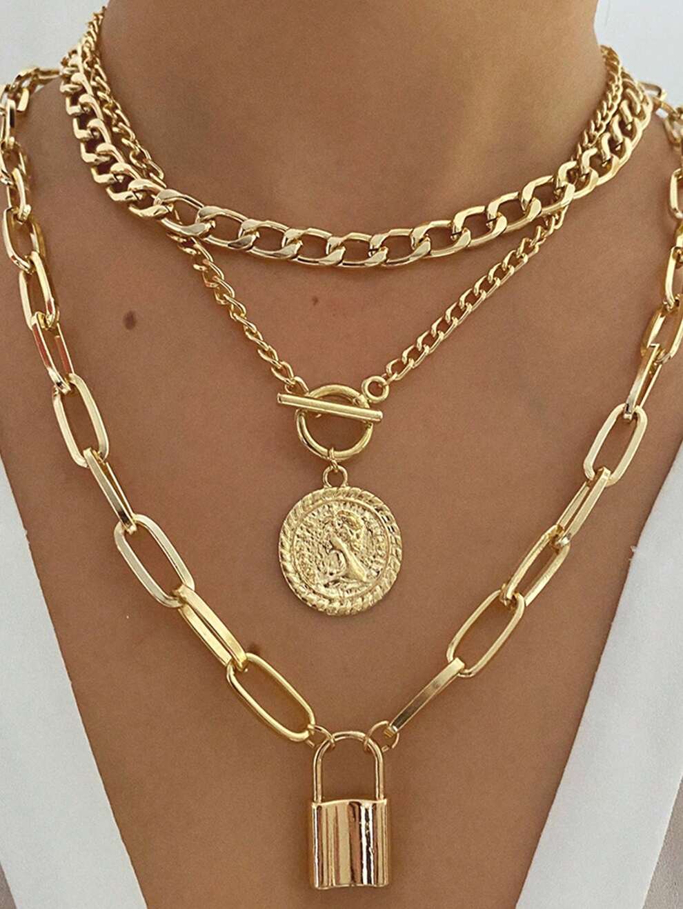 3pcs/Set Vintage Coin Pendant Necklaces Chain Layered Jewelry For Women