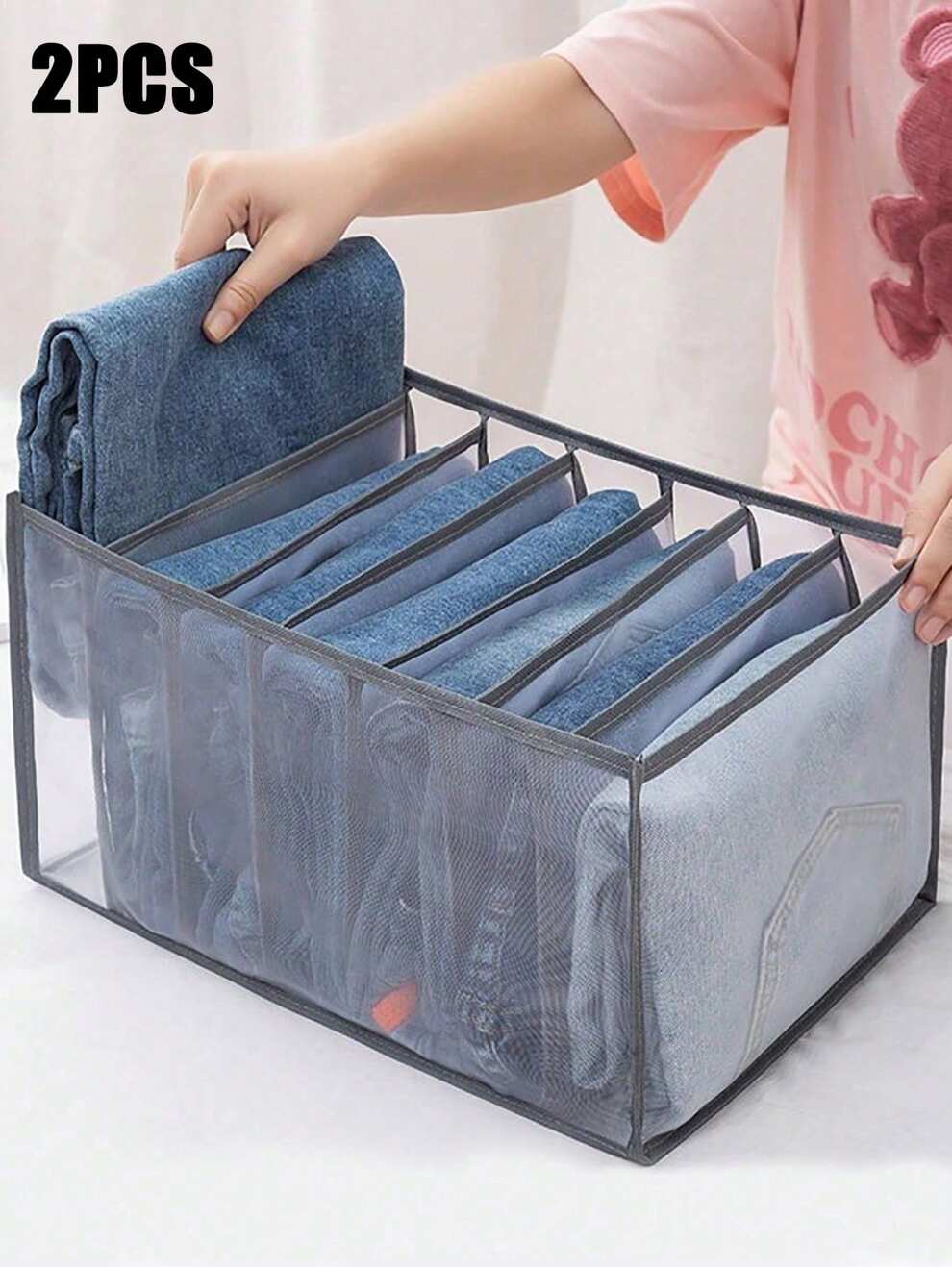 2pcs Clothing And Pants Compartment Box Drawer Sorting Basket, Clothes Organizer Drawer,Closet Dividers Box For Clothes Storage, 7 Compartments Foldable Drawer Organizer With Handles, Fabric Closet An