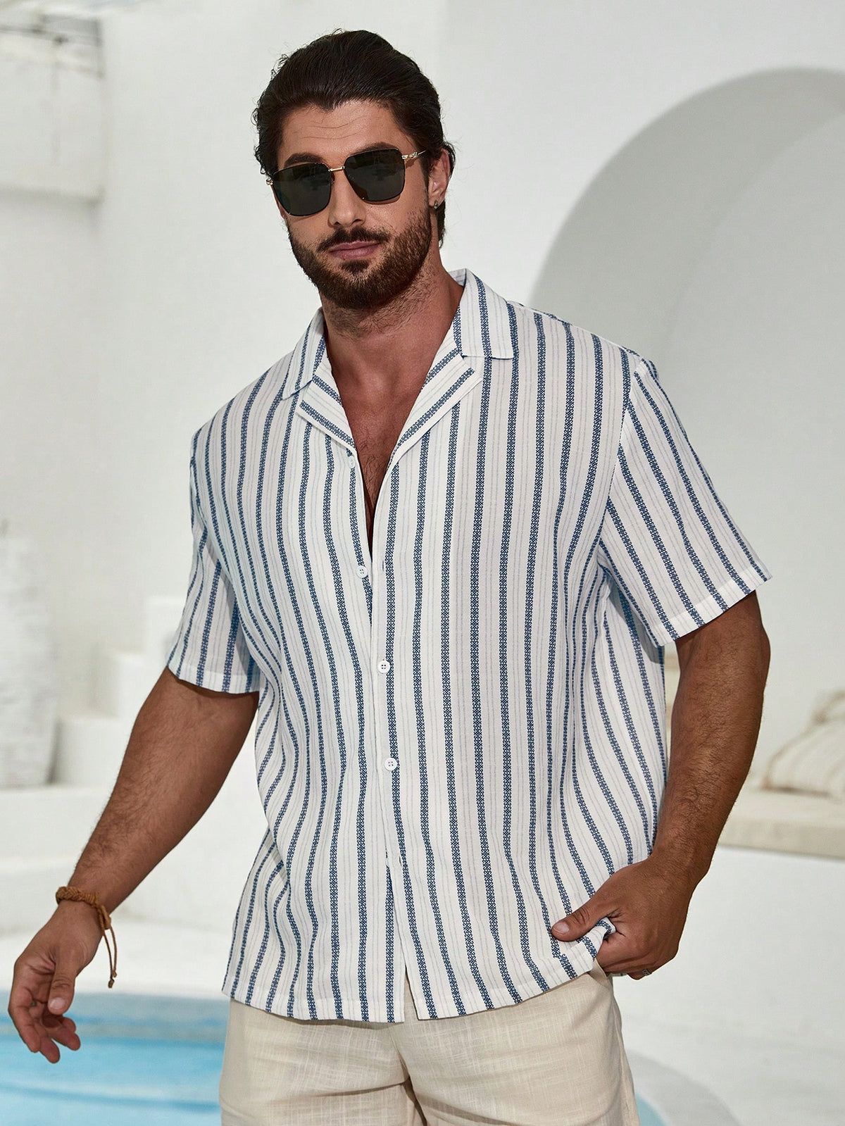 Manfinity RSRT Men's Summer Striped Printed Short Sleeve Casual Shirt