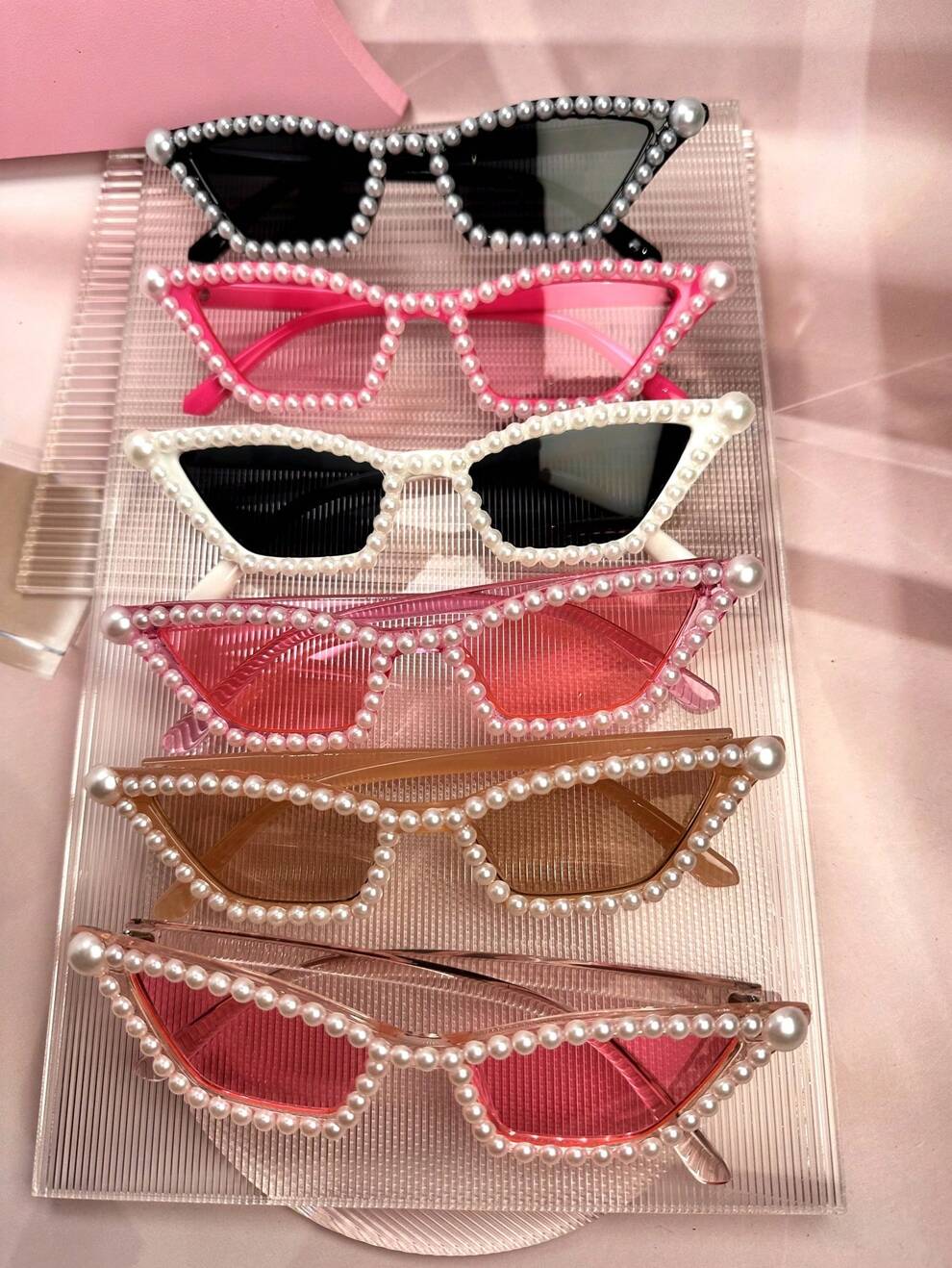 1pc Ladies' Pearl Decorated Transparent Pink, Baby Pink, Black, Rose, Toffee And White Frame Y2k Luxurious Festive Party Dress Up Cute & Fashionable Cat Eye Sunglasses Suitable For Beach, Daily Theme