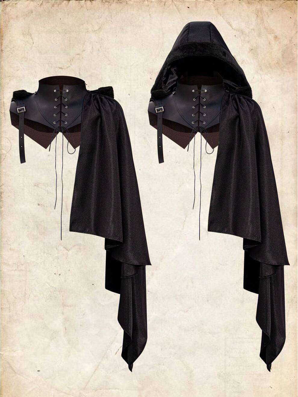 1pc Adult Halloween Medieval Hooded Cape With Stand-Up Collar Tie Cape Cosplay Costume Black