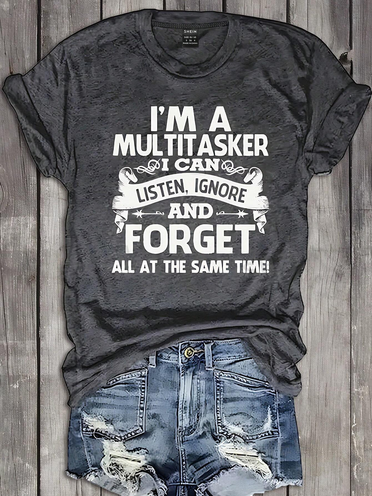 SHEIN LUNE Trendy Slogan Printed Cool Casual T-Shirt For Spring And Summer I'M A MULTITASKER I CAN LISTEN, IGNORE AND FORGET ALL AT THE SAME TIME