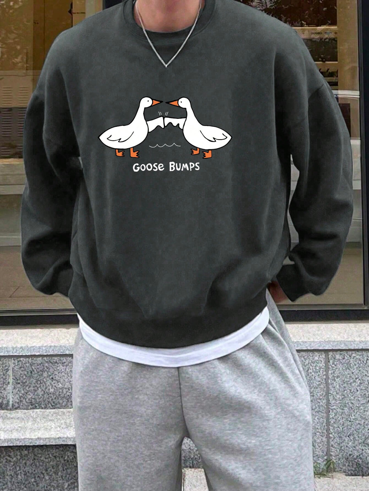 Men's Casual Round Neck Sweatshirt With Letter & Duck Print