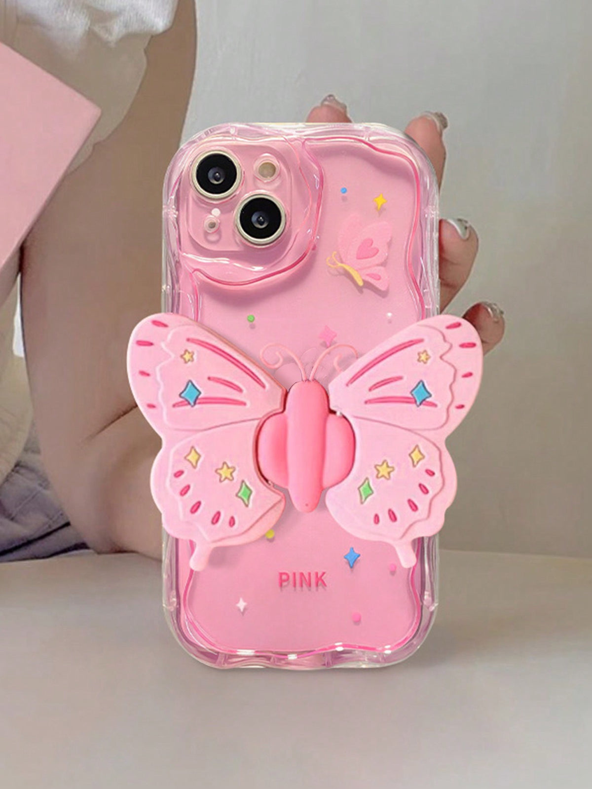 Baby Pink Summer Pink Butterfly Bracket New Arrival Premium Groove Texture Skin Feeling Thickened Anti-Fall Phone Case Cover Comptible With IPhone 15 Promax 13 14 11 12, Samsung A50 A12 A32 A52 A72 A5