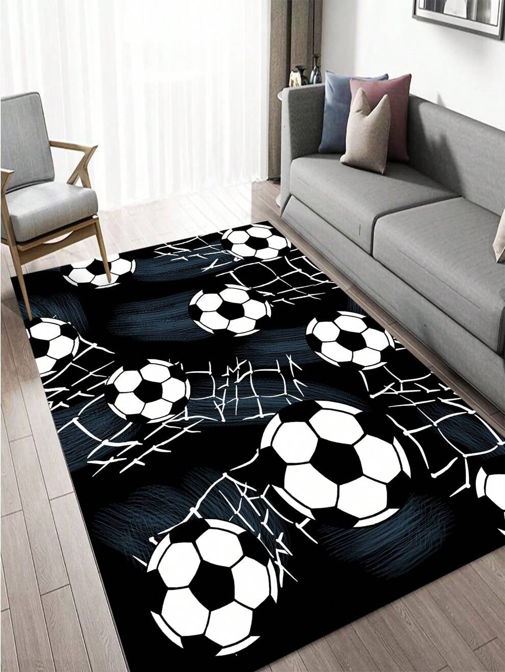 1pc Soccer Pattern Rug, Modern Polyester Floor Mat For Home, All Season