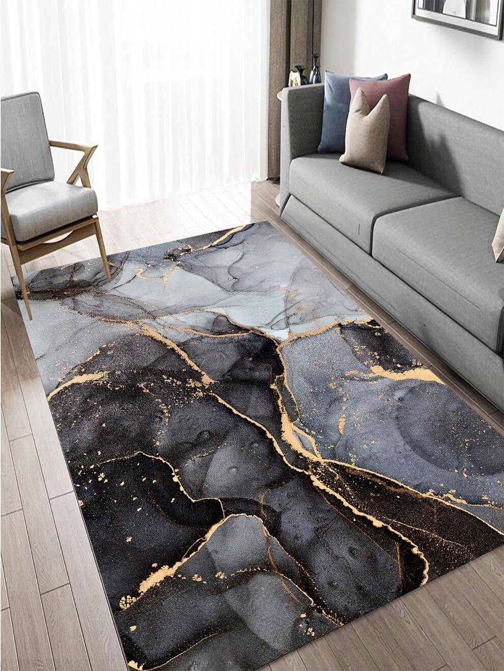 1pc Marble Pattern Rectangle Rug, Polyester Absorbent Floor Mat For Household