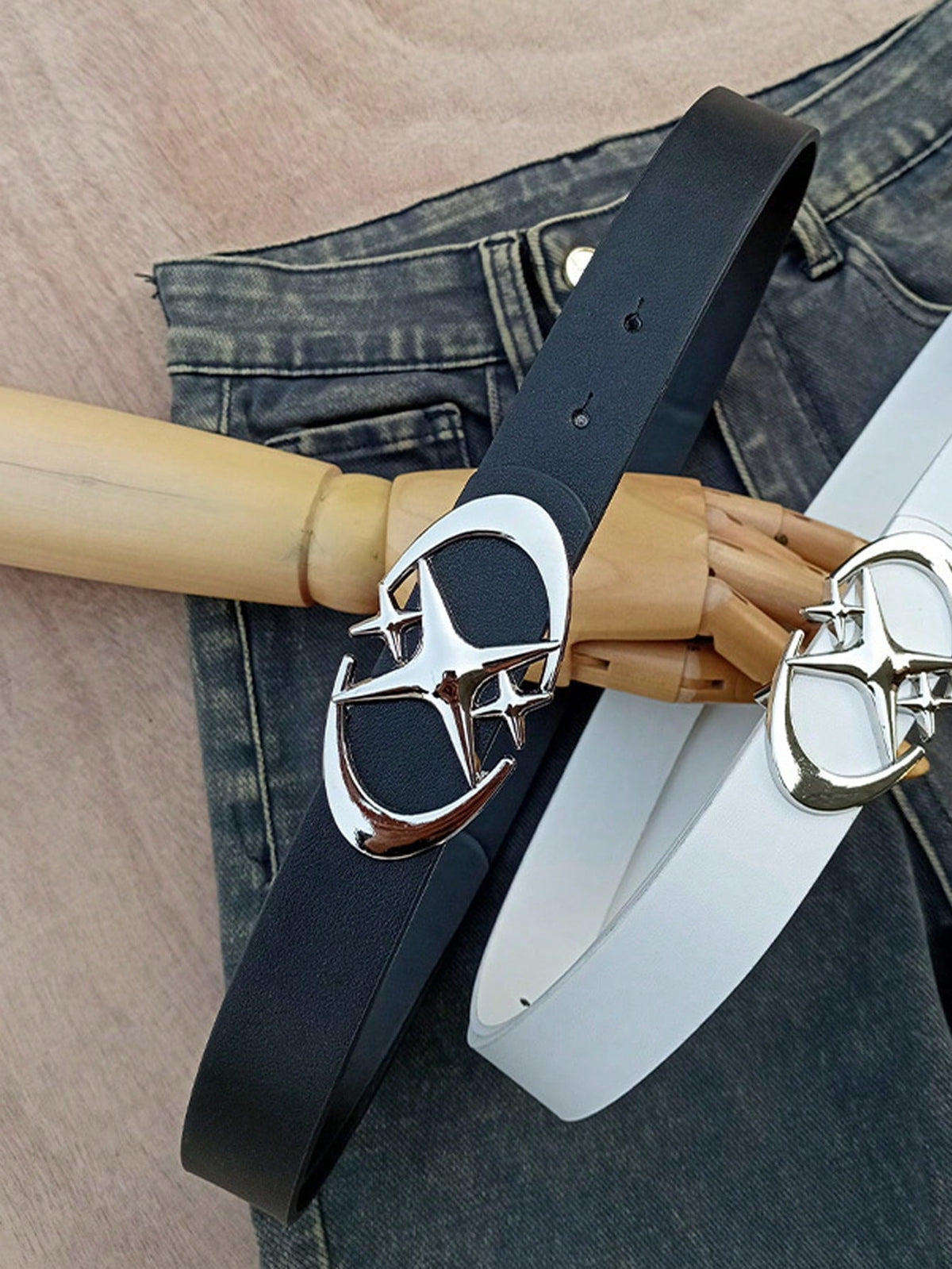 1pc Black Fashion New Style Original Design Double Residual Moon Cross Star Buckle Head Belt With Jeans Skirt Fashion Tie-In Belt Casual,School