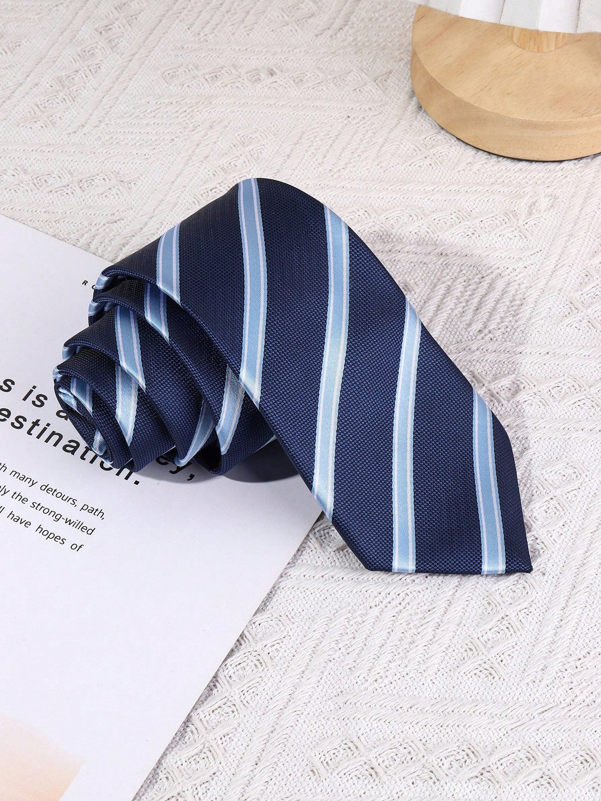 1pc Textured High Density Woven Business Necktie With 7cm Width, Navy Blue And Sky Blue Diagonal Stripes Work