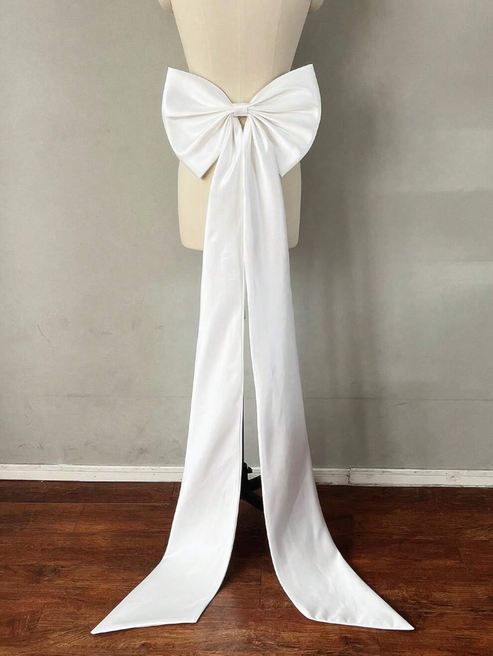 1pc White Satin Back Big Single Layered Black Bow & 150cm Long Ribbon For Waist Decoration