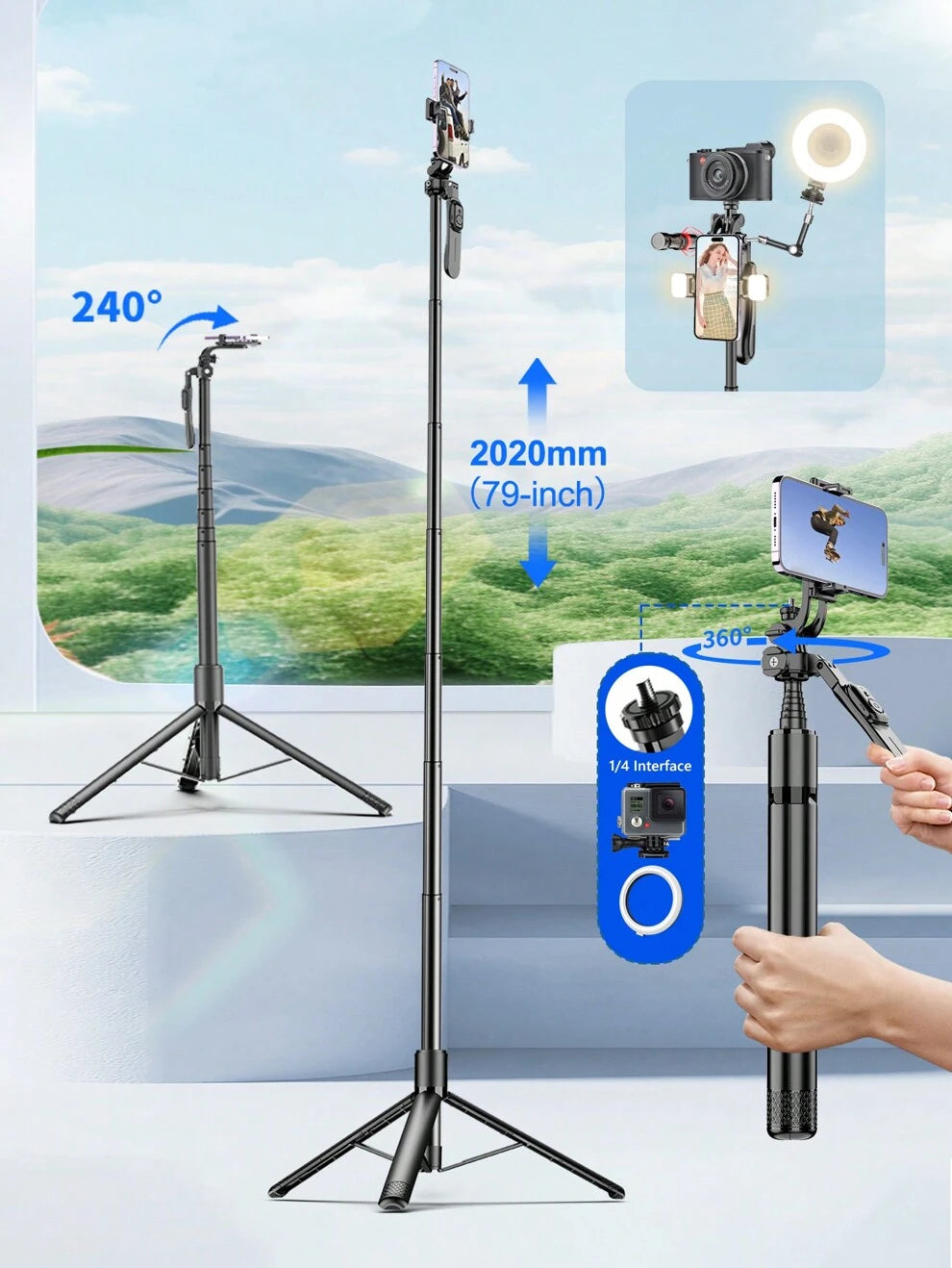 2m / 79-Inch Aluminum Alloy Extra Long Rod-- Balanced And Stable 360° Rotation Shooting Selfie Stick Tripod, Multifunctional Expansion Extendable Phone Tripod Stand With Wireless Remote Shutter Compat