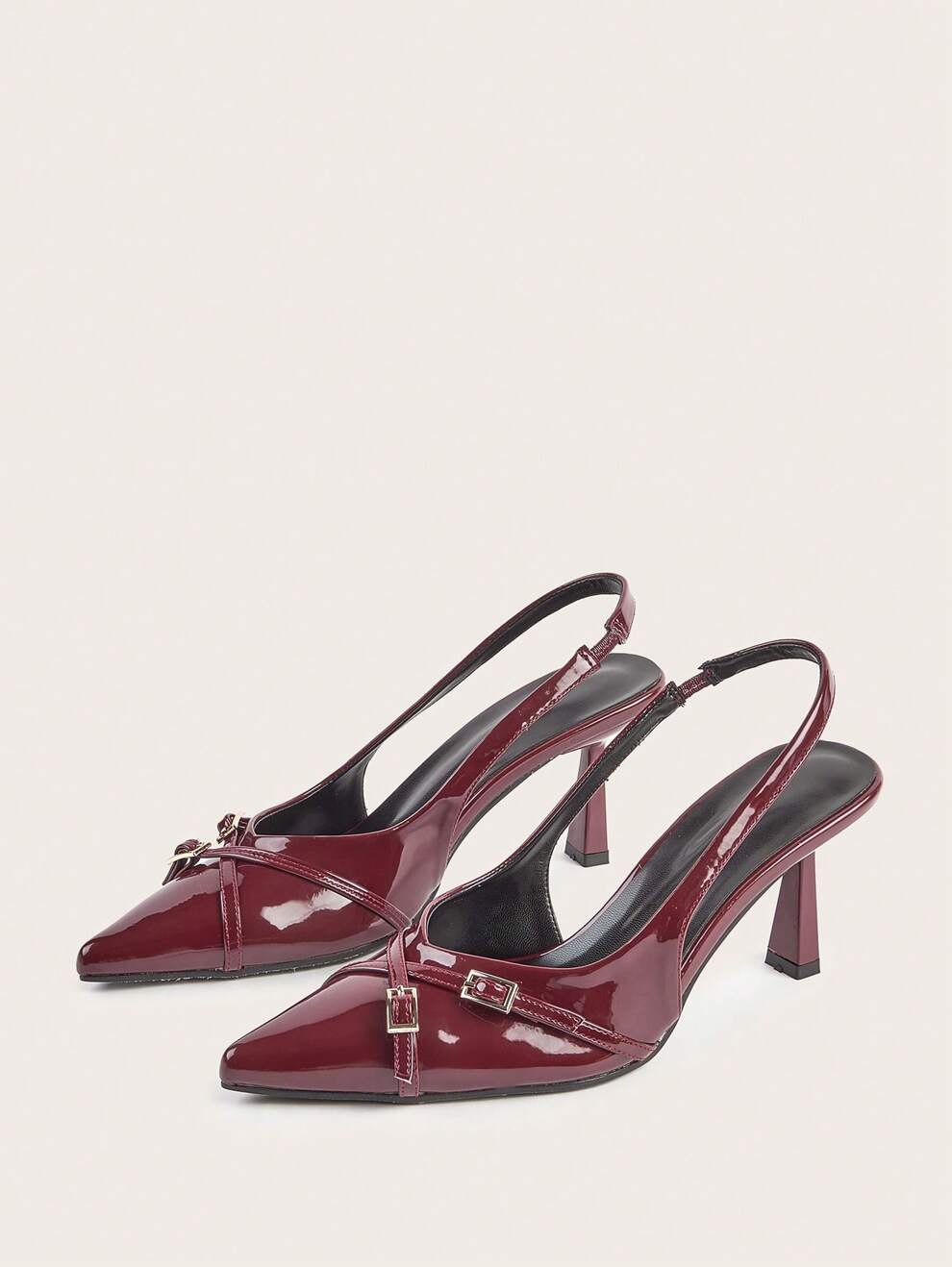 Ladies' Wine Red Patent Leather Cross Buckle Strap Thin Heel High Heels With Pointed Toe, Perfect For Wedding Party